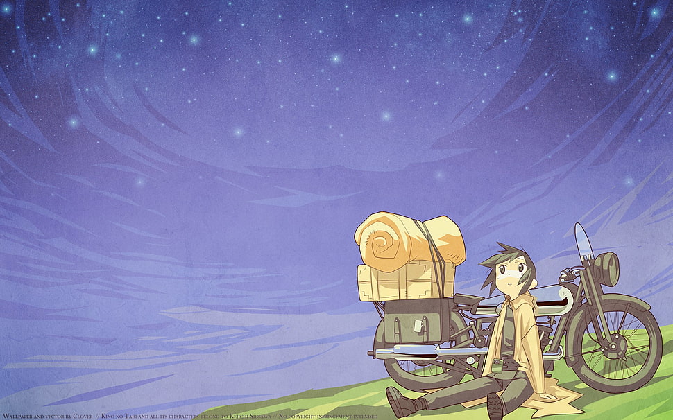 boy sitting against motorcycle under starry sky graphic wallpaper, Kino no Tabi, anime boys, anime, motorcycle HD wallpaper