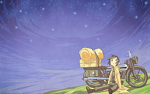 boy sitting against motorcycle under starry sky graphic wallpaper, Kino no Tabi, anime boys, anime, motorcycle