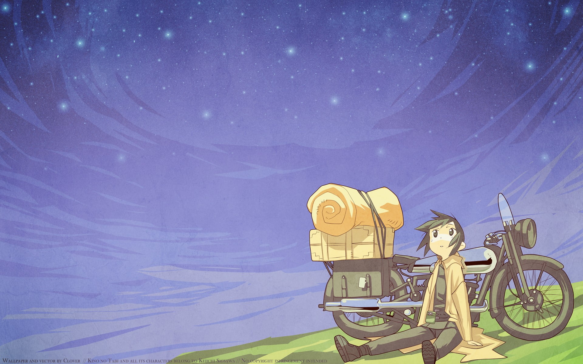 boy sitting against motorcycle under starry sky graphic wallpaper, Kino no Tabi, anime boys, anime, motorcycle