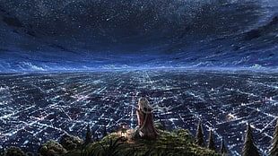 woman in red coat beside lamp on edge of mountain showing city view during nightime