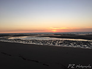 shore near ocean at golden hour, beach, sand, sunset, sky