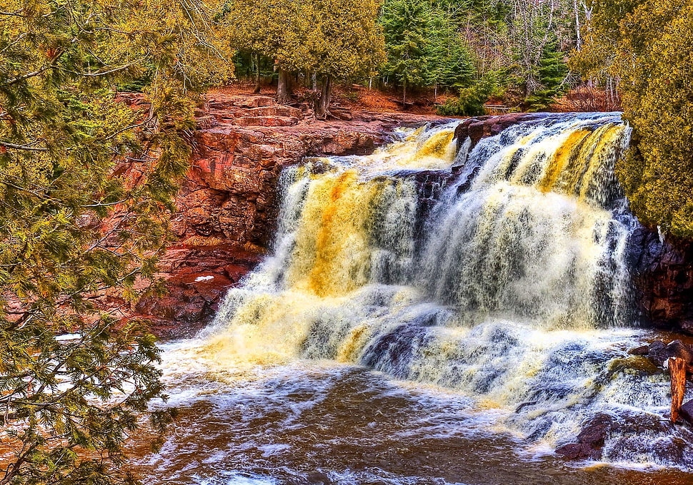 waterfalls near green trees HD wallpaper