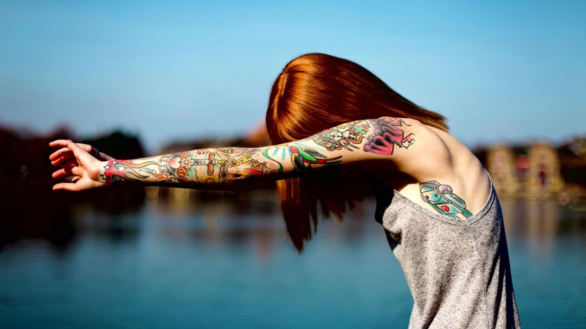 Women's gray tank top, tattoo, redhead, tank top, women outdoors HD  wallpaper | Wallpaper Flare