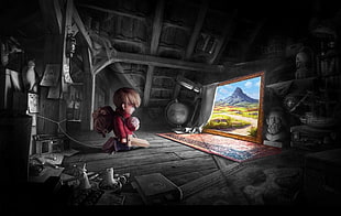 brown-haired female illustration, atmosphere, fantasy art, children, toys HD wallpaper