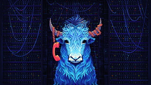 blue animal illustration, artwork, digital art, yaks, telephone