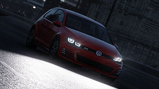 red Volkswagen Golf GTI 3-door hatchback, video games, The Crew, car, lights HD wallpaper