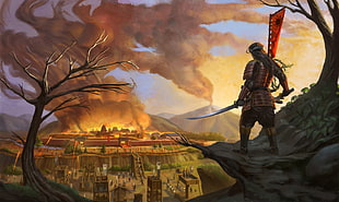 Samurai holding sword looking at city digital wallpaper, artwork, samurai, sword, katana