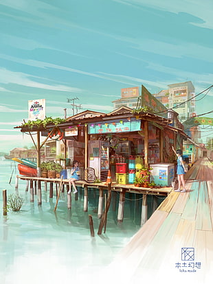brown wooden table with chairs, water, dock, anime, landscape