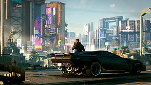 man standing beside car digital wallpaper, Cyberpunk 2077, cyberpunk, video games