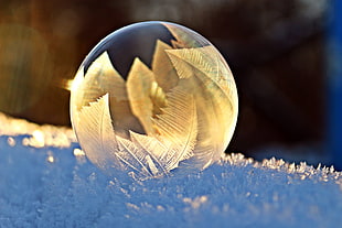 clear and brown snow globe on white textile