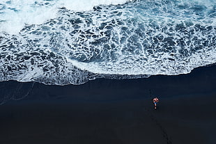 person walking on black sand near body of water