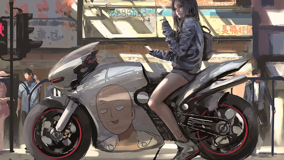 silver sports bike illustration, motorcycle, black hair, Saitama, One-Punch Man HD wallpaper