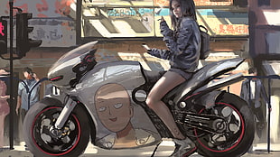 silver sports bike illustration, motorcycle, black hair, Saitama, One-Punch Man