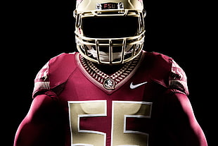 man in red and gold football jersey and gold football helmet