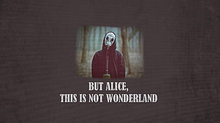 black and grey coat, gas masks, Alice in Wonderland, apocalyptic