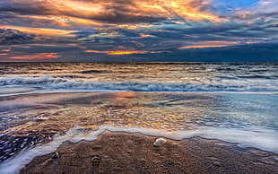 beach and sand, beach, sunset, clouds, sea HD wallpaper