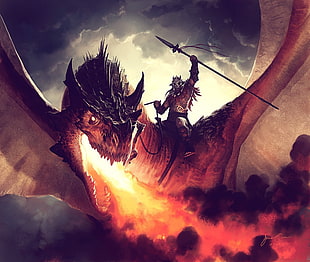 man riding on dragon with wings HD wallpaper