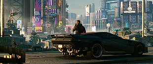 black sports car, video games, cyberpunk, Cyberpunk 2077, ultrawide HD wallpaper