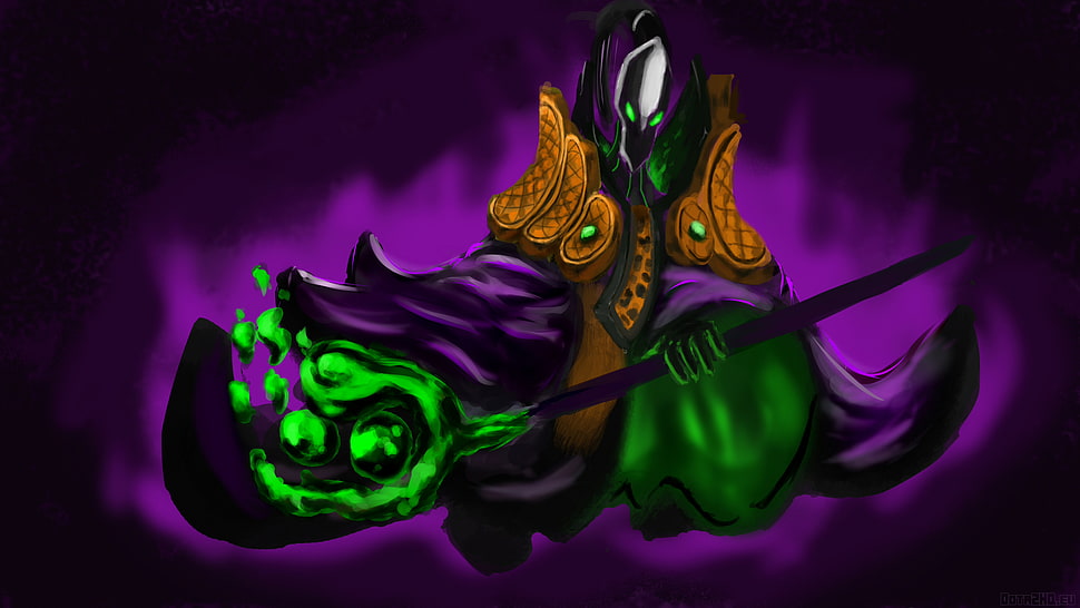 green and purple sorcerer character HD wallpaper