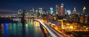 time lapse photography, Brooklyn Bridge, New York City, Manhattan, night HD wallpaper