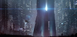 lighted tower digital wallpaper, science fiction, city
