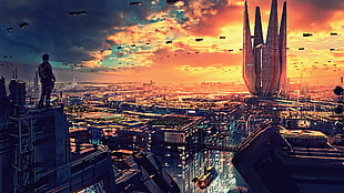 person standing on top of building wallpaper, artwork, futuristic city, science fiction, digital art