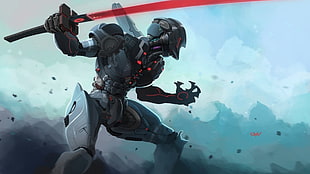 gray robot character with red sword digital wallpaper