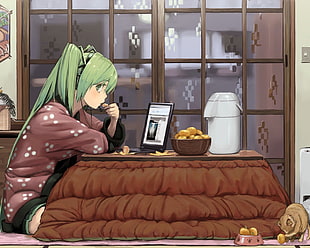 anime character sitting near table with laptop