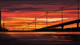 silhouette of bridge, artwork, illustration, sunset
