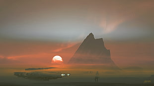 sun beside mountain digital wallpaper, fantasy art, landscape