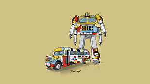 gray, yellow, and red robot toy, car, Transformers, minimalism