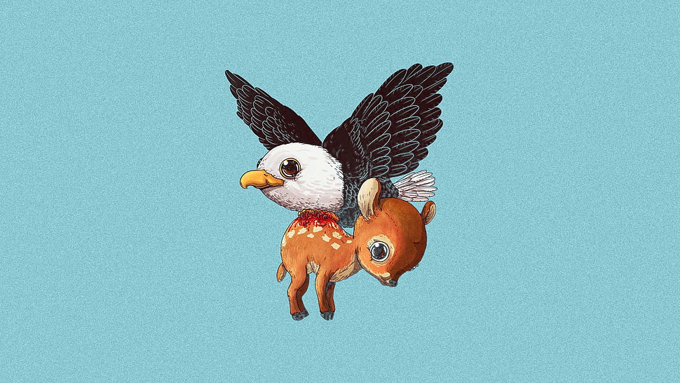 black eagle and brown deer animated illustration, animals, minimalism HD wallpaper