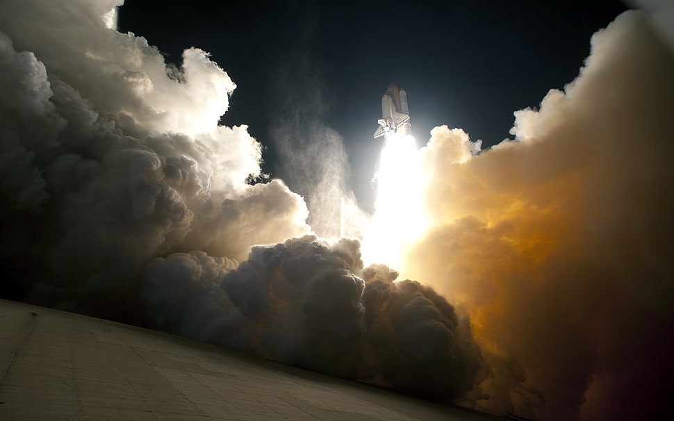 white NASA Space Shuttle, clouds, rocket, take-off, smoke HD wallpaper