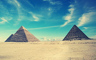 two pyramids, pyramid, Egypt, sand, clouds HD wallpaper