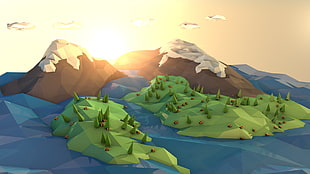 game application screenshot, mountains, landscape, island, digital art