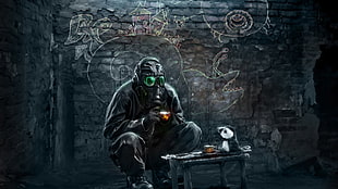 man wearing black suit and mask digital wallpaper, apocalyptic, gas masks, Romantically Apocalyptic , Vitaly S Alexius