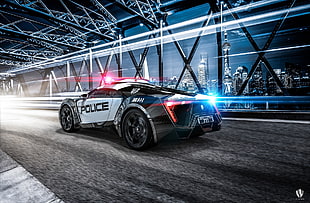 black and white Police vehicle on bridge digital wallpaper, car, police cars, lykan hypersport, Need for Speed