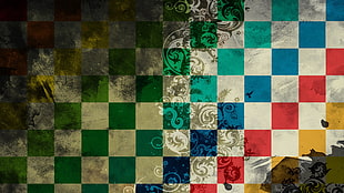 green, white, blue, and red check decor