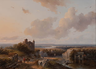 painting of people walking near castle