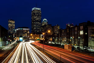 time lapse photo of highway and  buildings, boston