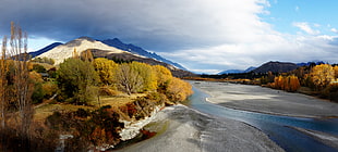 landscape photography of river near mountains, shotover river, otago HD wallpaper