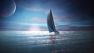 gray and blue sailboat, nature, boat, sea, digital art