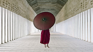 red and black wooden table, Asian, umbrella, barefoot, sunlight