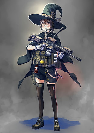 person holding black and brown rifle illustration