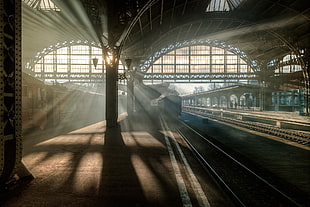 brown building interior, train, railway, train station, sunlight