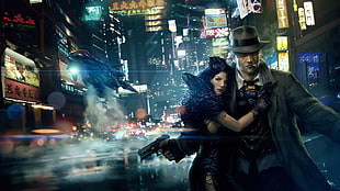 man wearing black coat wielding a gun beside a woman in dress across town at nighttime wallpaper, police, detectives, China Town, women HD wallpaper