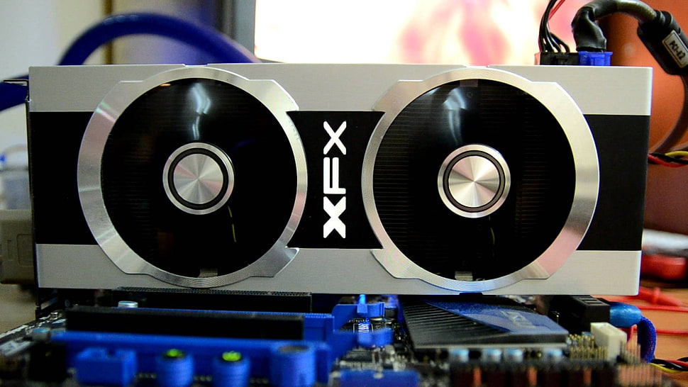 silver and black XFX speaker, video card, computer, hardware, xfx HD wallpaper