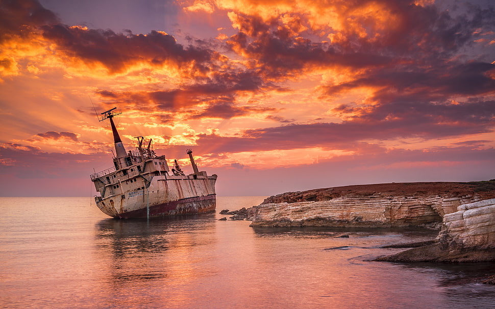 white and brown ship, landscape, sea, sunset, shipwreck HD wallpaper