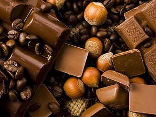 chocolates, coffee beans, and chestnuts shown