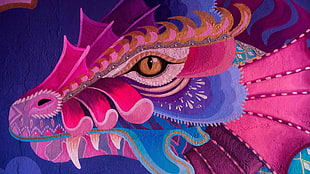 red, blue, and purple dragon painting